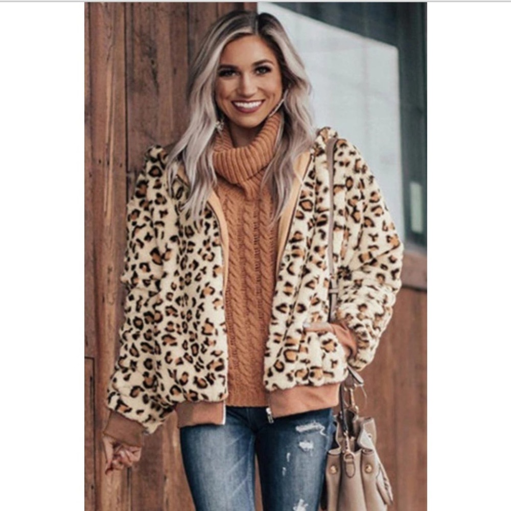 Khaki Cozy Plush Leopard Jacket